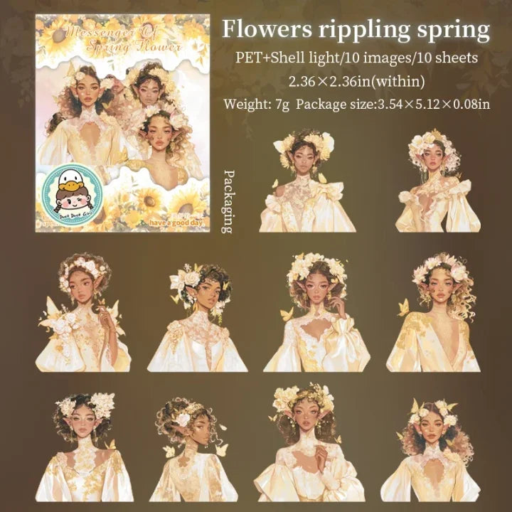 10 Pcs Messenger of Spring Flower Series Vintage Spring Girl Theme Pet Stickers