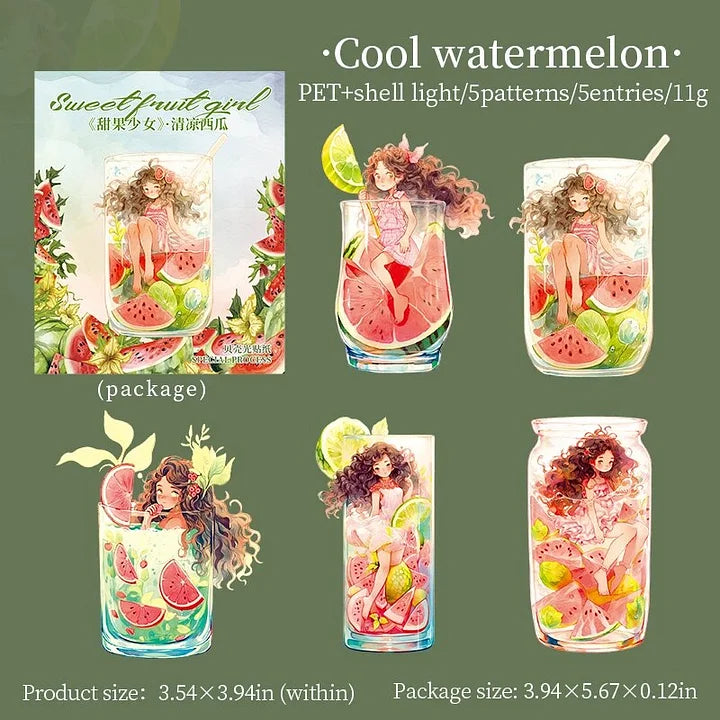 5 Pcs Sweet Fruit Girl Series Kawaii Character Landscaping PET Sticker