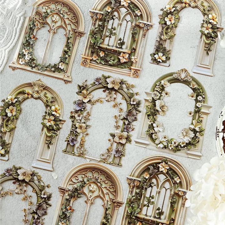 10 Pcs Flower Romance Series Vintage Flower Window Relief Landscaping Collage Card