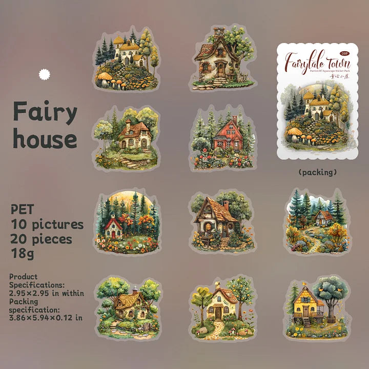 20 Pcs Fairy Tale Town Series Vintage Tree Building Landscaping pet Stickers