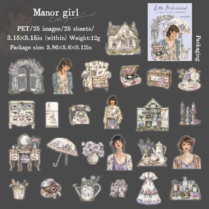 25 Pcs Retro Little Professional Series Vintage Character Landscaping PET Sticker pack