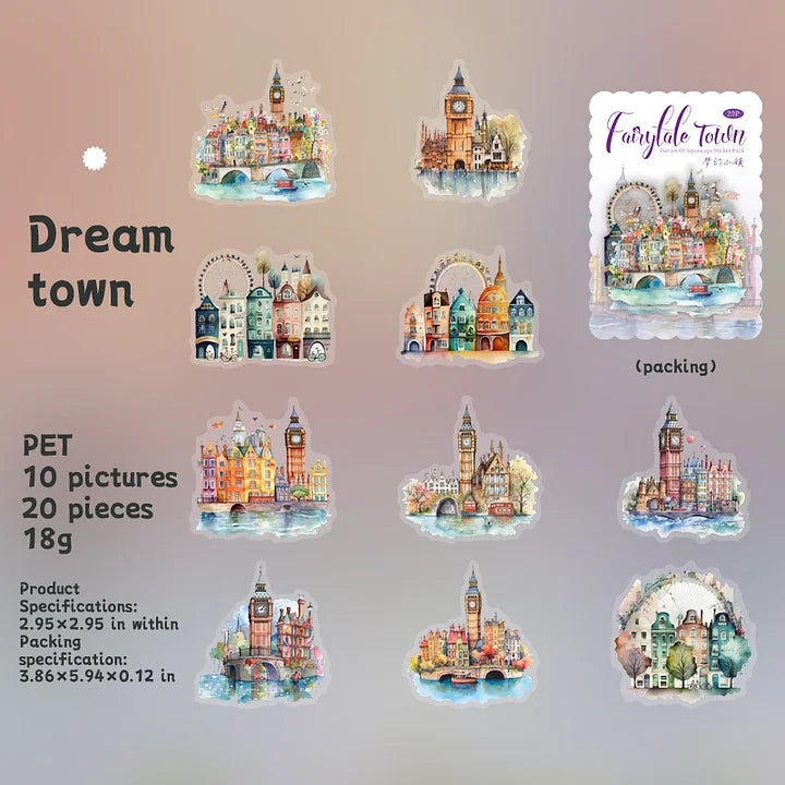 20 Pcs Fairy Tale Town Series Vintage Tree Building Landscaping pet Stickers
