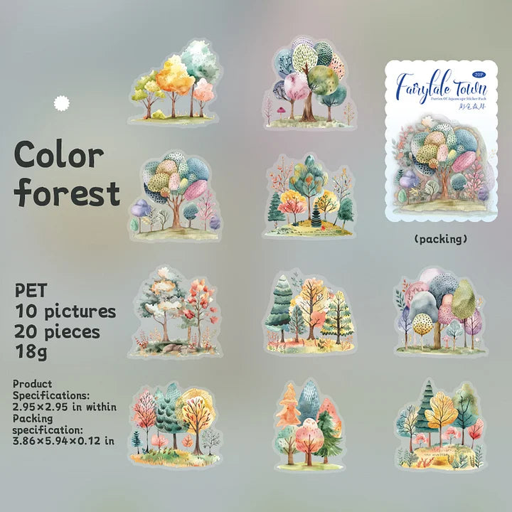 20 Pcs Fairy Tale Town Series Vintage Tree Building Landscaping pet Stickers