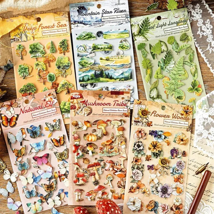 2 Sheets Natural Exhibition Room Series Vintage Butterfly Flower Material 3D Stickers