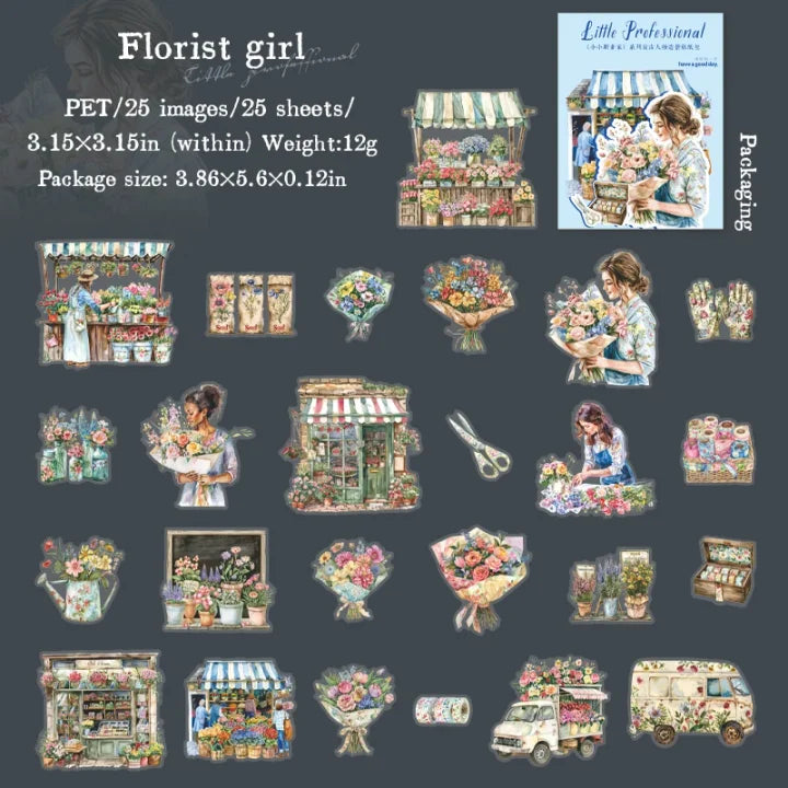 25 Pcs Retro Little Professional Series Vintage Character Landscaping PET Sticker pack
