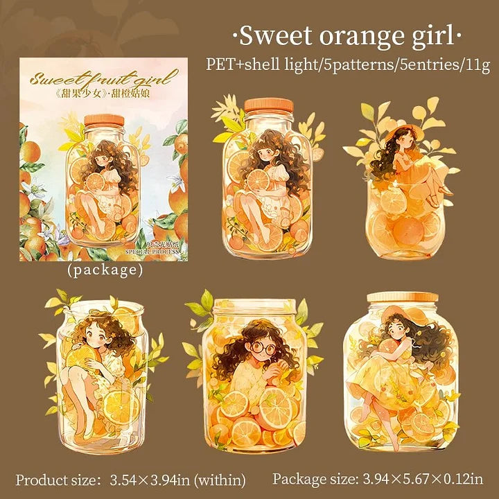 5 Pcs Sweet Fruit Girl Series Kawaii Character Landscaping PET Sticker