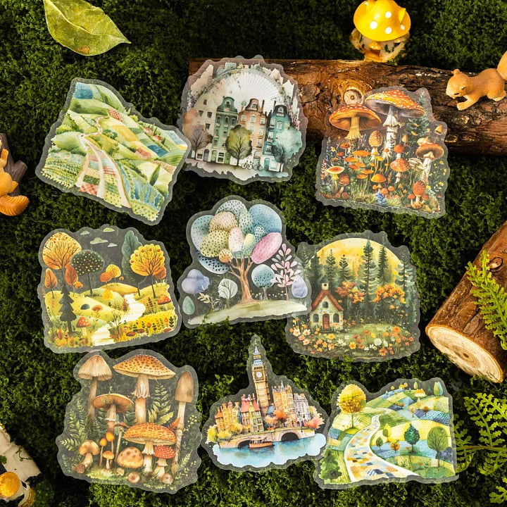 20 Pcs Fairy Tale Town Series Vintage Tree Building Landscaping pet Stickers