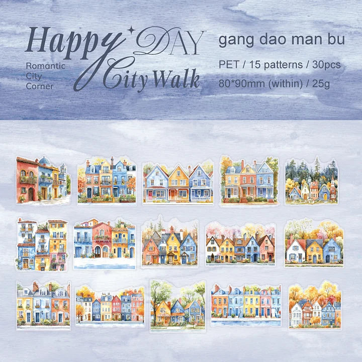30 Pcs City Roaming Series Cute Travel Building Landscaping pet sticker