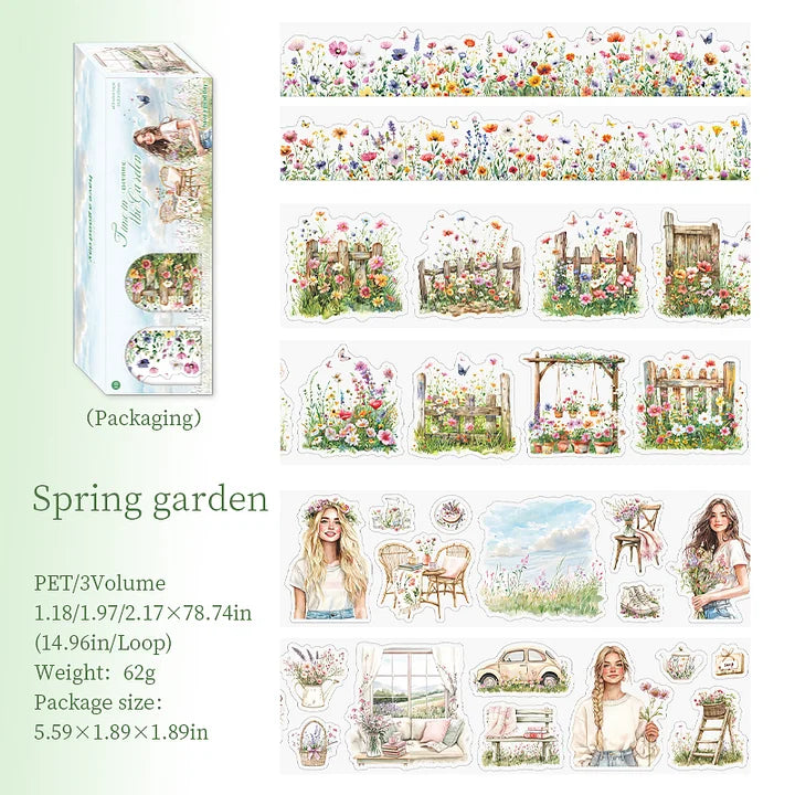 3 Rolls/set Time in The Garden Series Vintage Flower Character Landscape Pet Tape