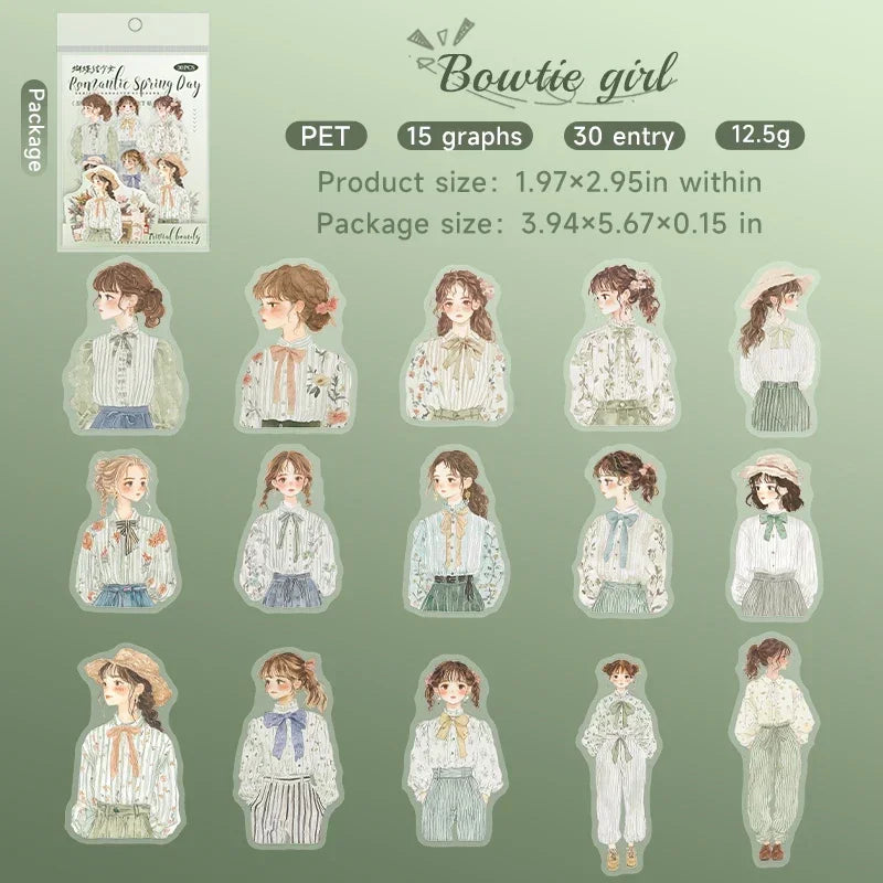 30 Pcs Romantic Spring Day Series Vintage Character Pet Stickers