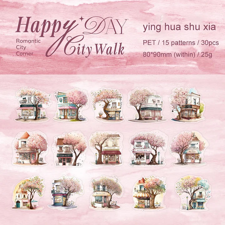 30 Pcs City Roaming Series Cute Travel Building Landscaping pet sticker