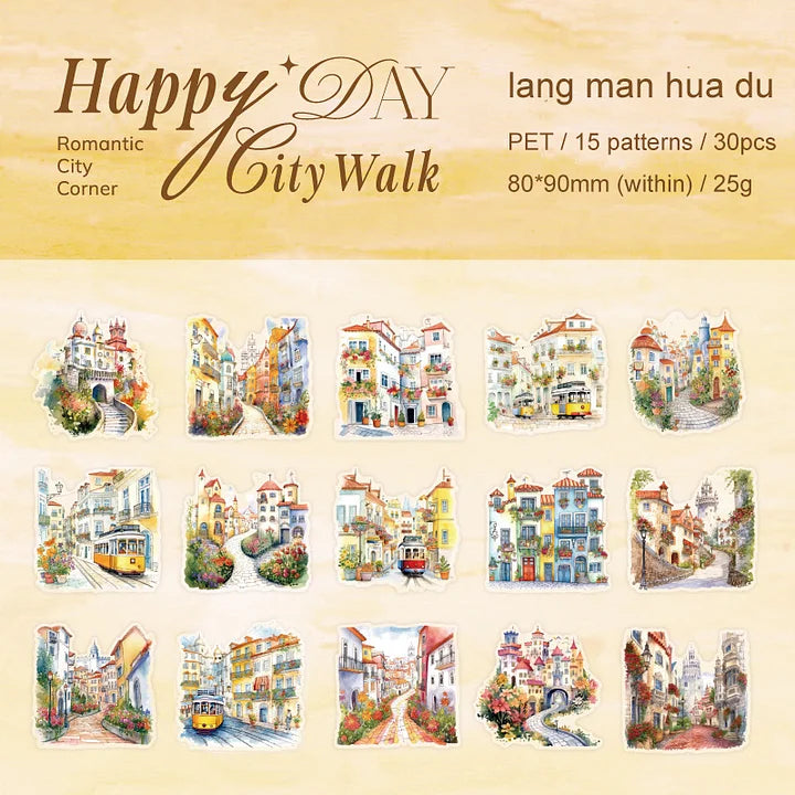 30 Pcs City Roaming Series Cute Travel Building Landscaping pet sticker