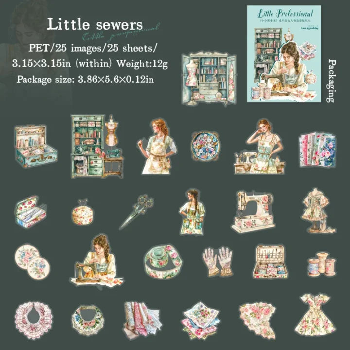 25 Pcs Retro Little Professional Series Vintage Character Landscaping PET Sticker pack