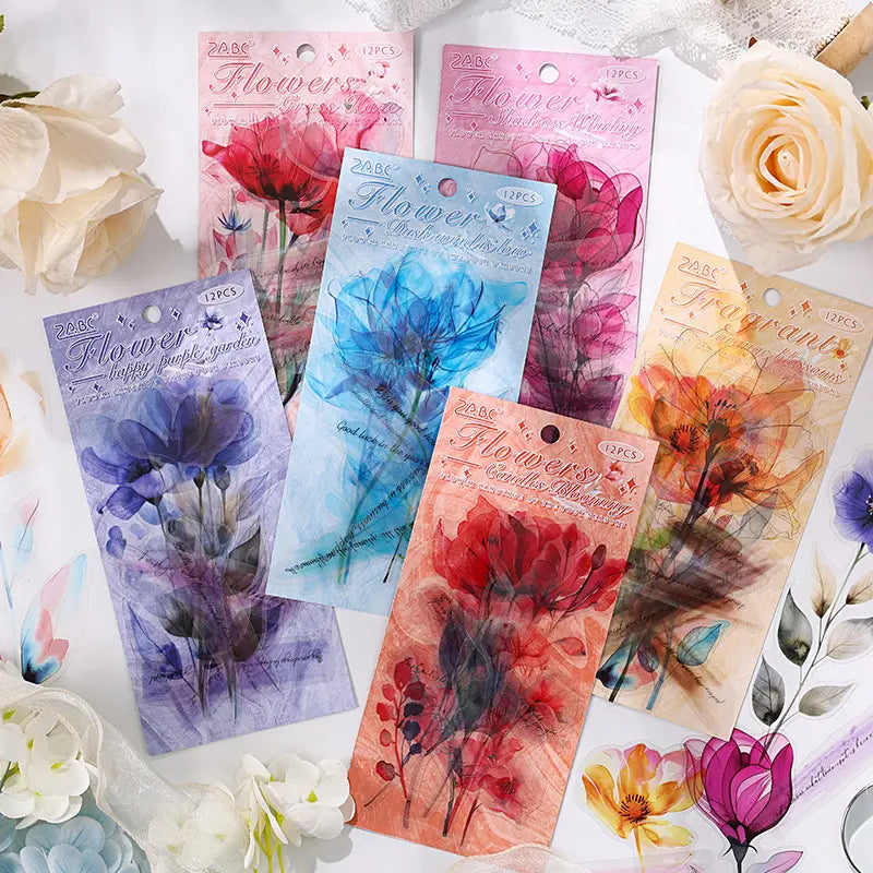 12 Pcs Carefree Flowers Creative Pet Cut Film Stickers