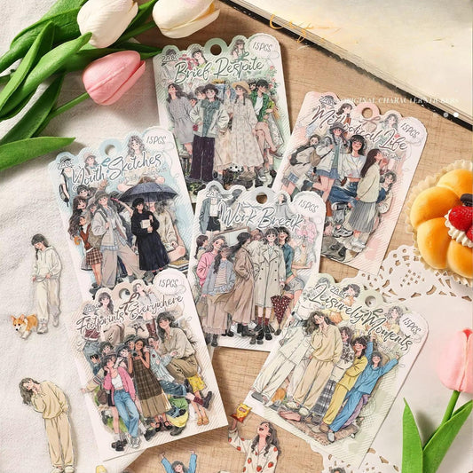 15 Pcs A Moment in Daily Life Series Cute Character Stickers for Journaling