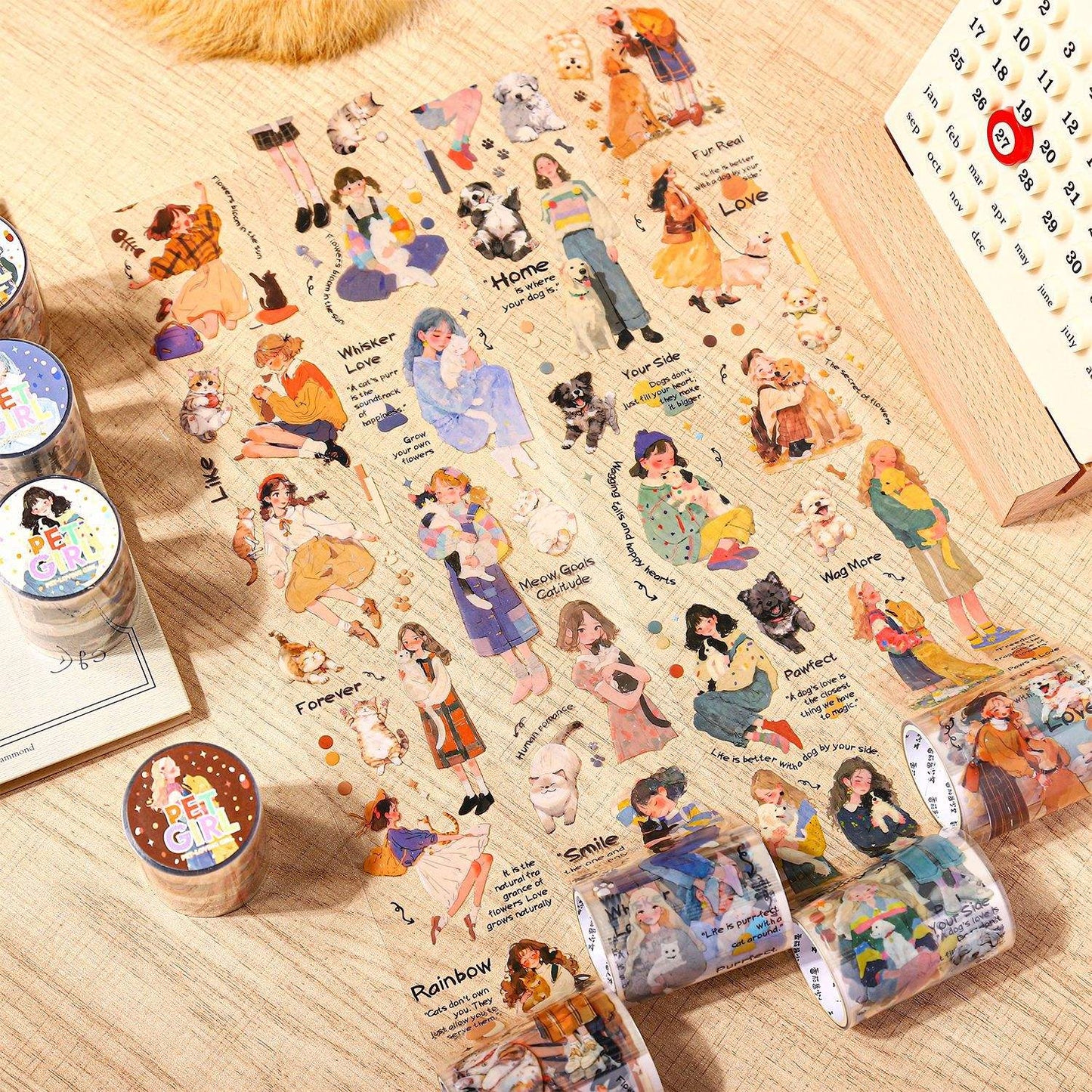 1 Roll Pets and Girl Series Original Character PET Tape for journaling
