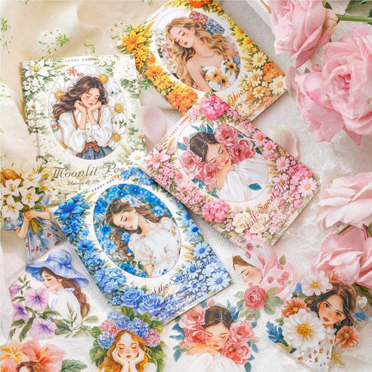 30 Pcs Flower-Adorned Girl Series Retro character journaling Stickers