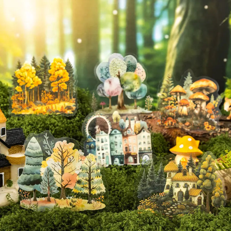 20 Pcs Fairy Tale Town Series Vintage Tree Building Landscaping pet Stickers