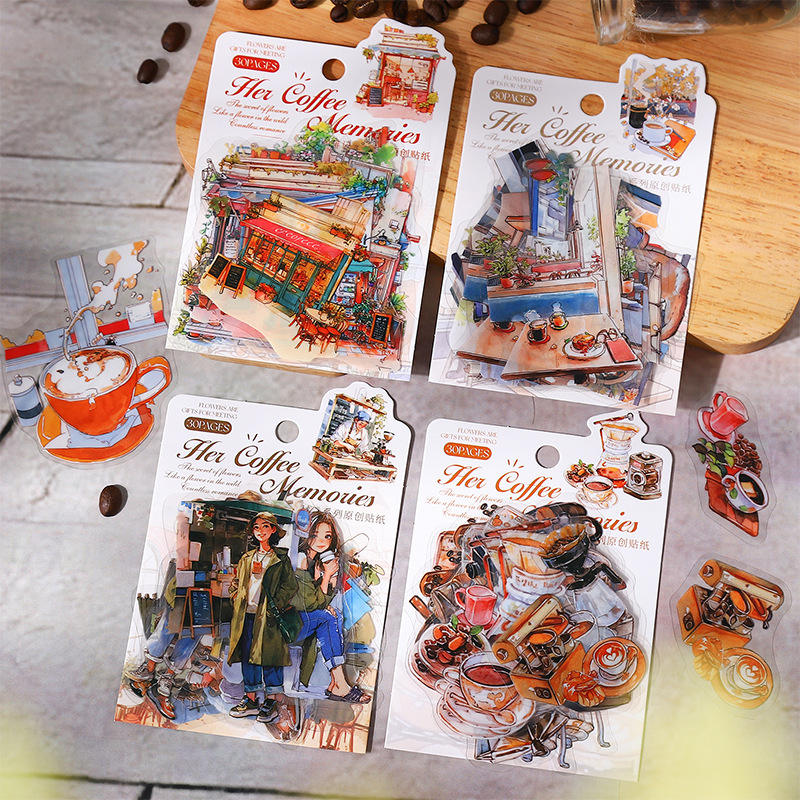 30 Pcs Her Coffee Memory Series Vintage Character Coffee Stickers