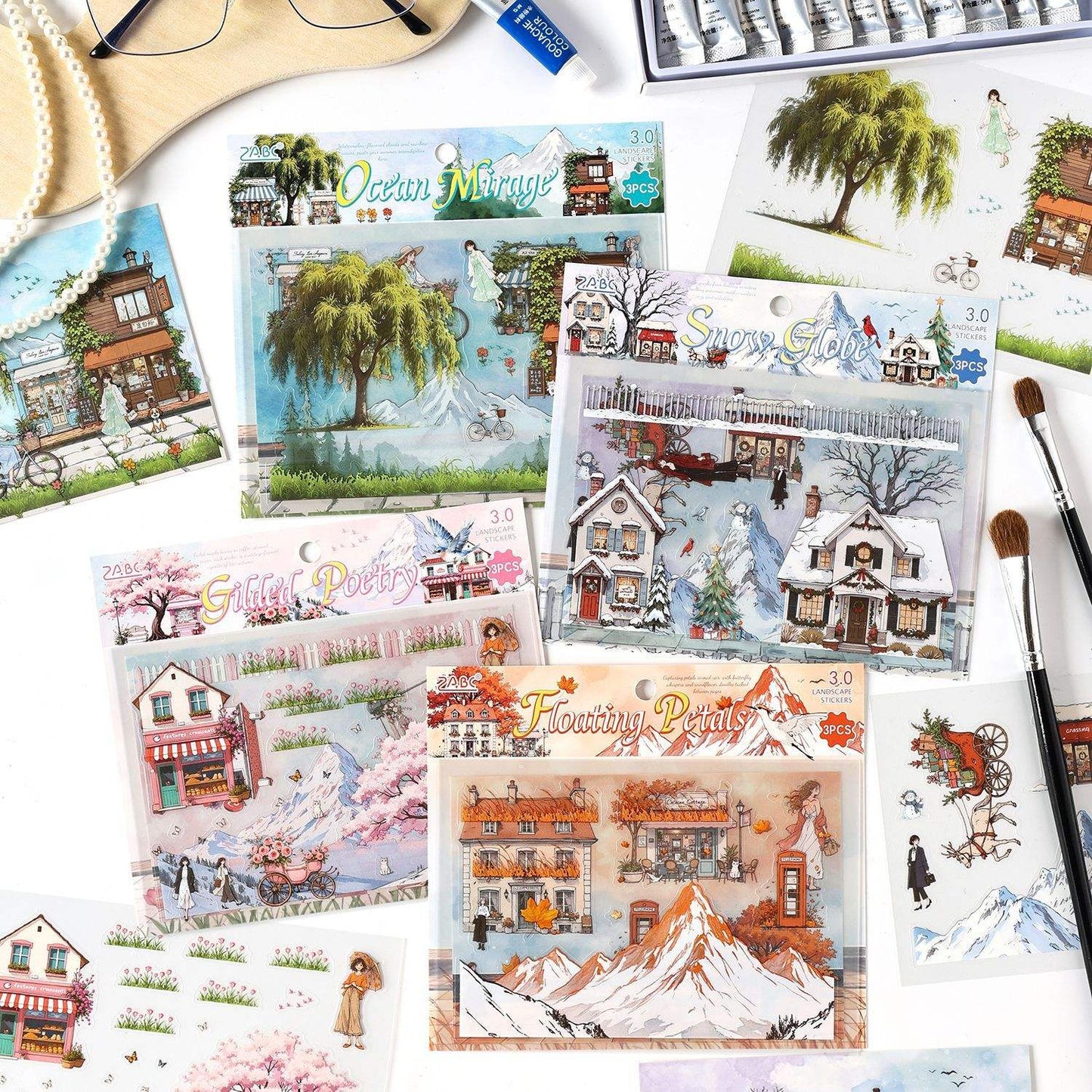 3pcs/pack Patrol Season Illustrated Scenic Stickers
