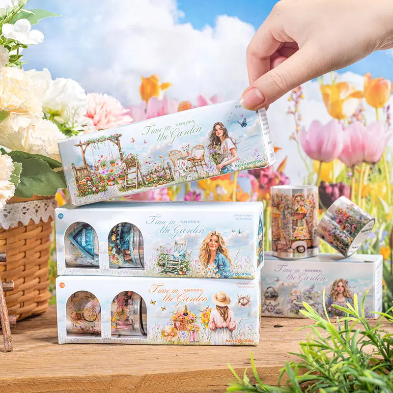 3 Rolls/set Time in The Garden Series Vintage Flower Character Landscape Pet Tape