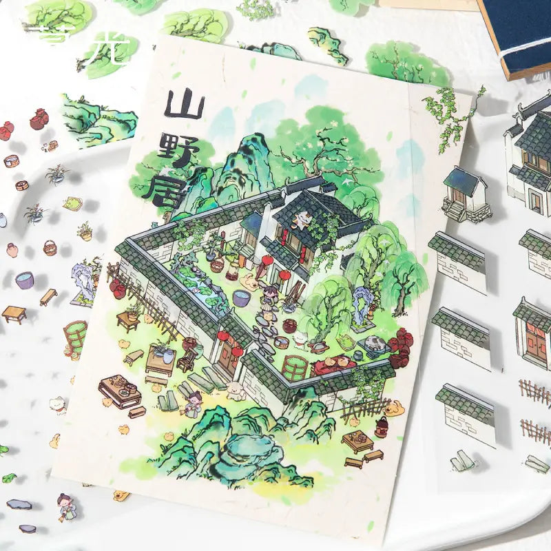 4 Pcs/Pack National Style Three-dimensional Scenery Stickers DIY Scene