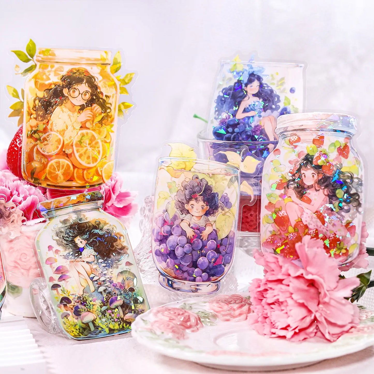 5 Pcs Sweet Fruit Girl Series Kawaii Character Landscaping PET Sticker