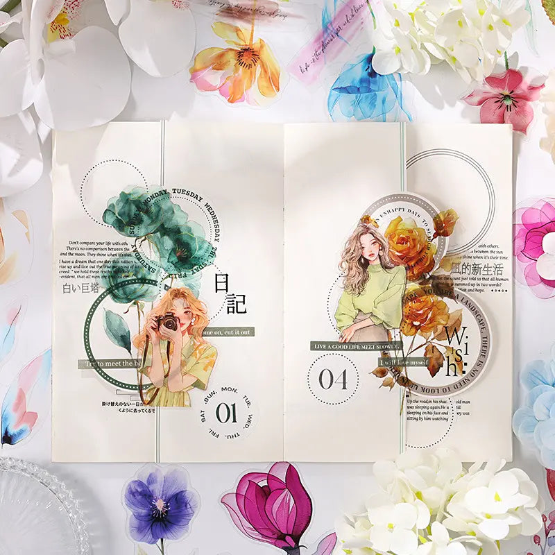 12 Pcs Carefree Flowers Creative Pet Cut Film Stickers