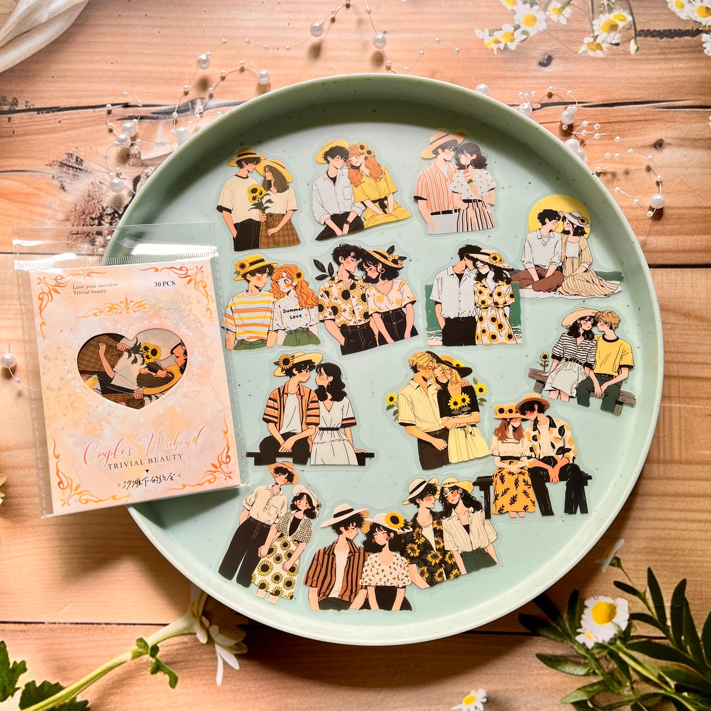 30 Pcs Couple's Weekend Series Kawaii Character Landscaping Stickers