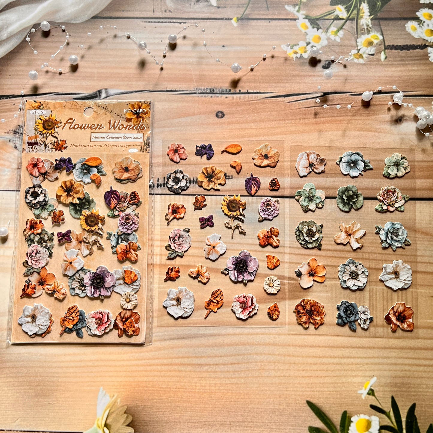 2 Sheets Natural Exhibition Room Series Vintage Butterfly Flower Material 3D Stickers