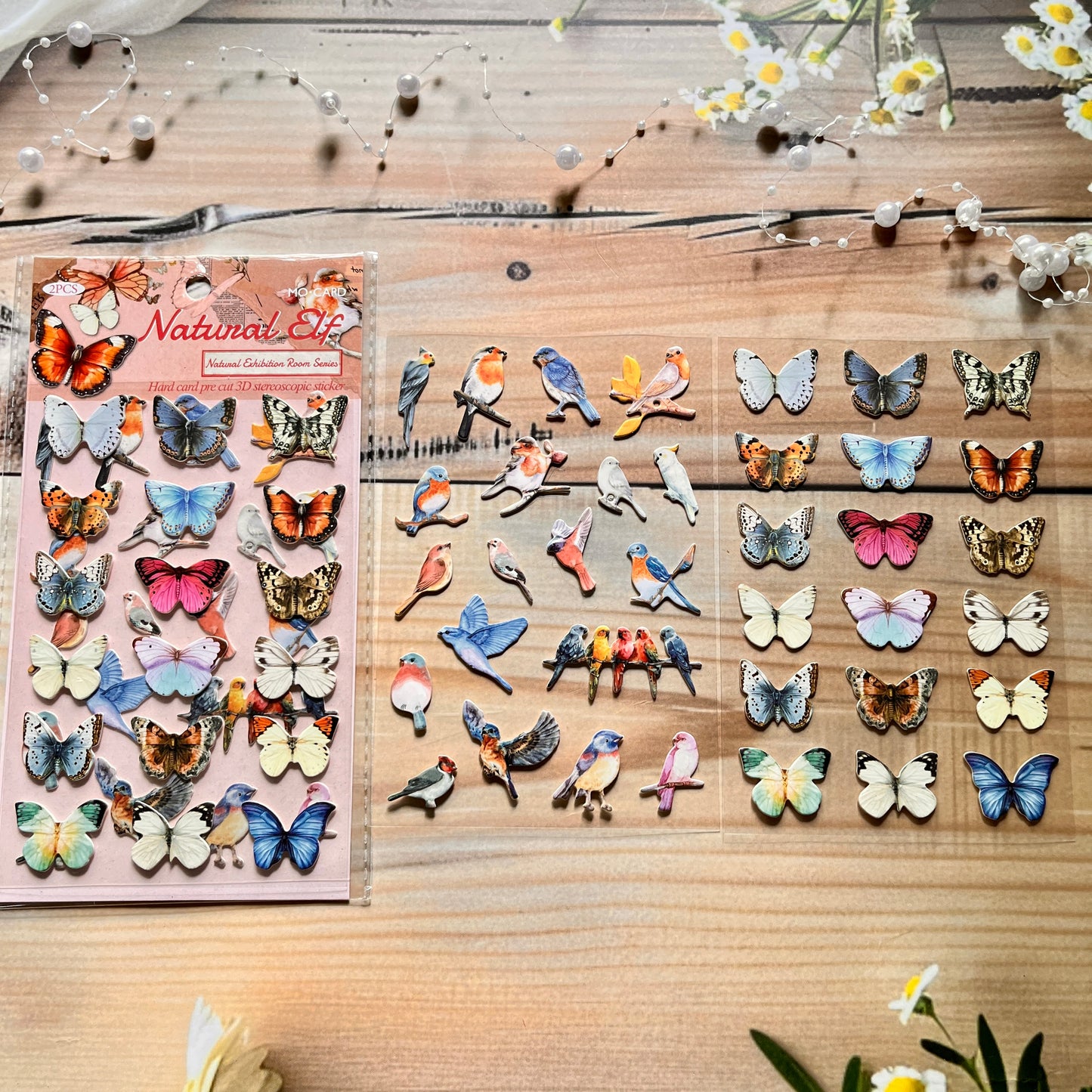 2 Sheets Natural Exhibition Room Series Vintage Butterfly Flower Material 3D Stickers