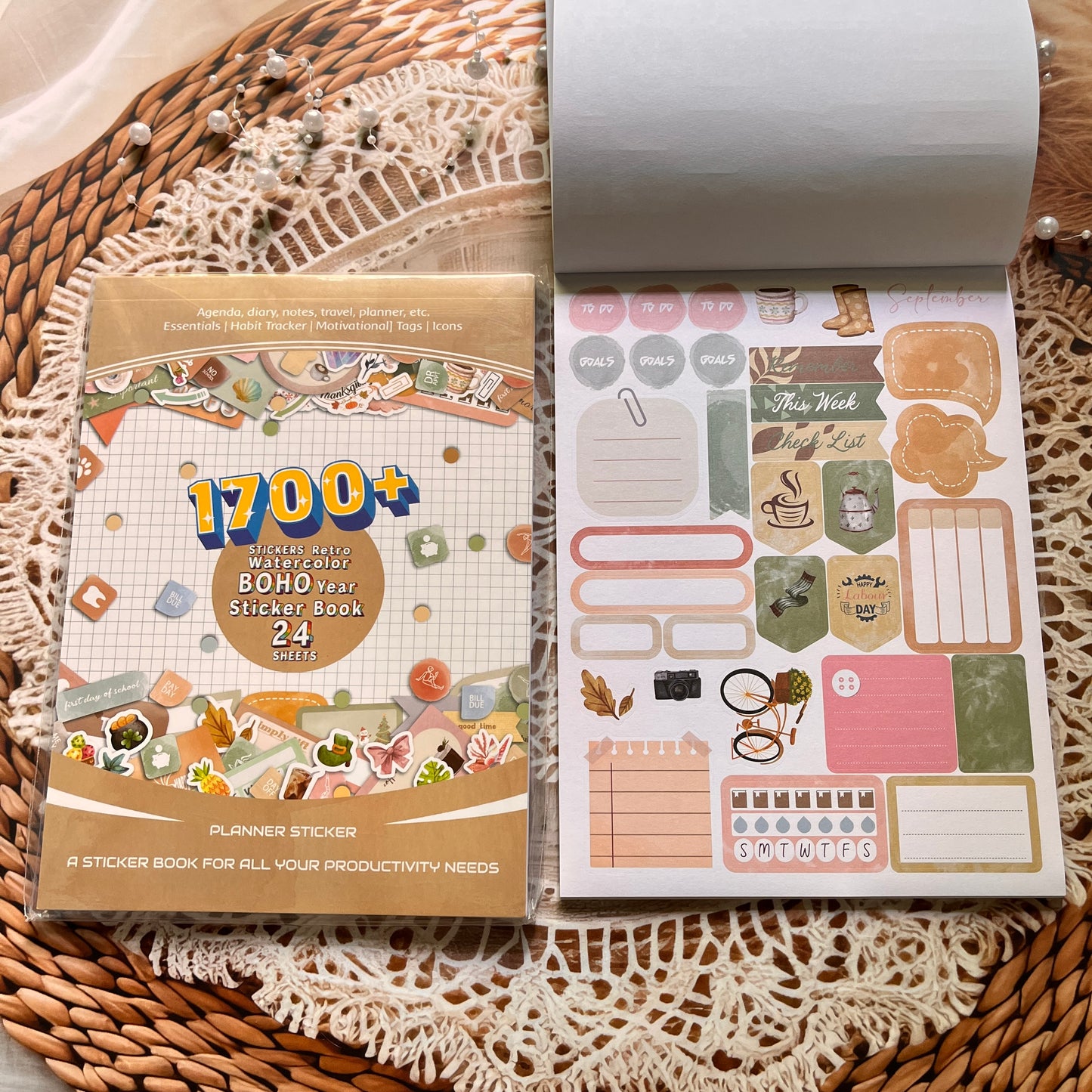 24 Sheets Aesthetics Boho Watercolor Planner Sticker Book