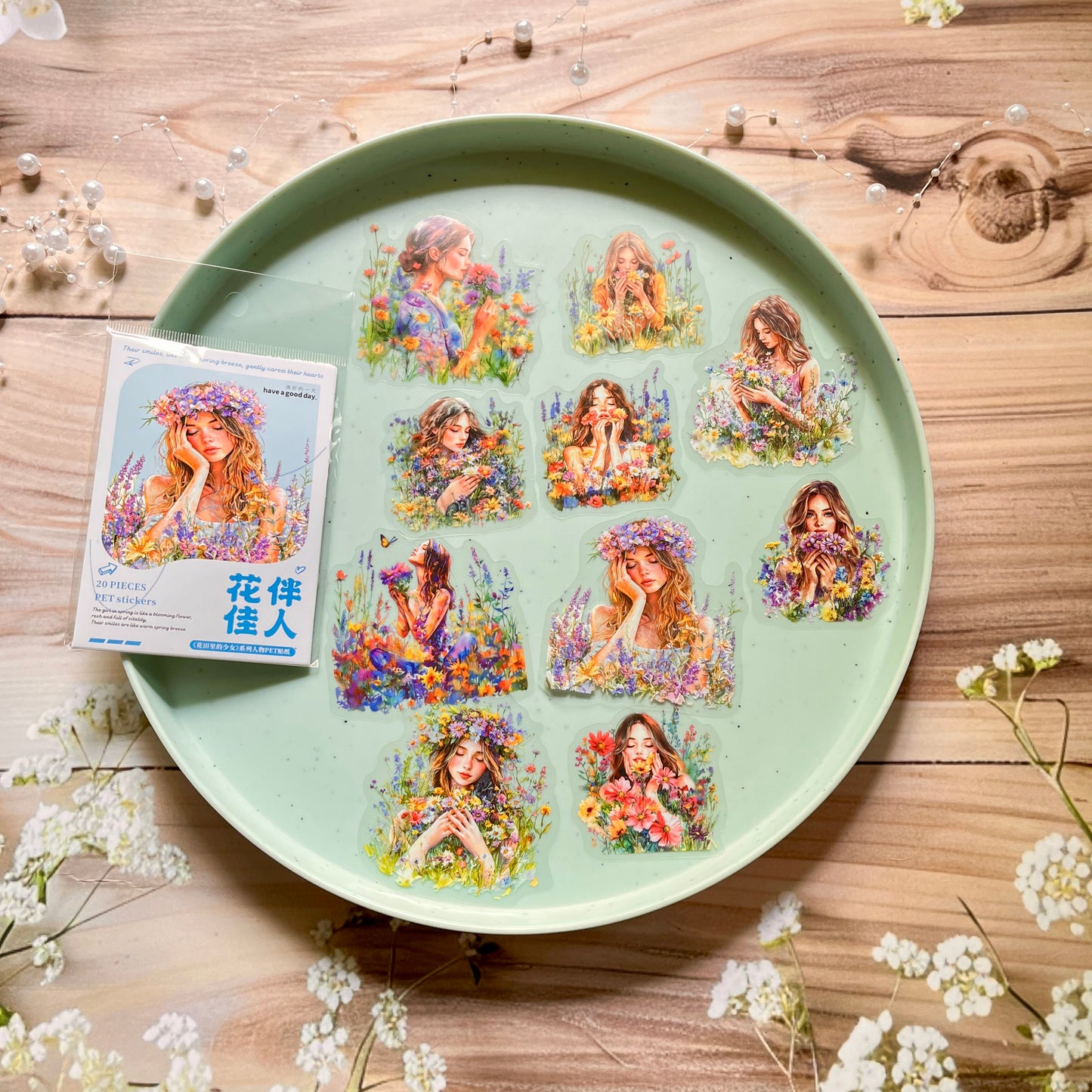 20 Pcs The Girl in The Flower Field Series Vintage Character Stickers