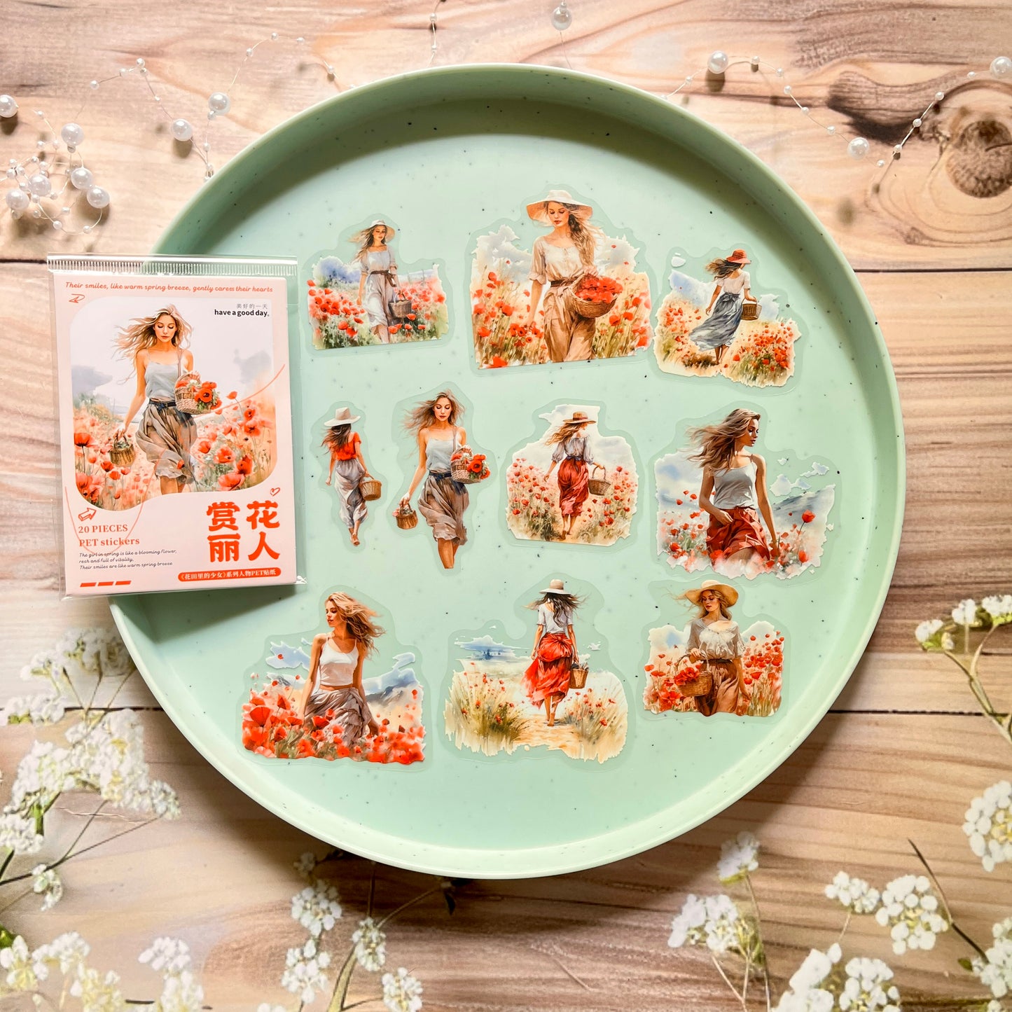 20 Pcs The Girl in The Flower Field Series Vintage Character Stickers