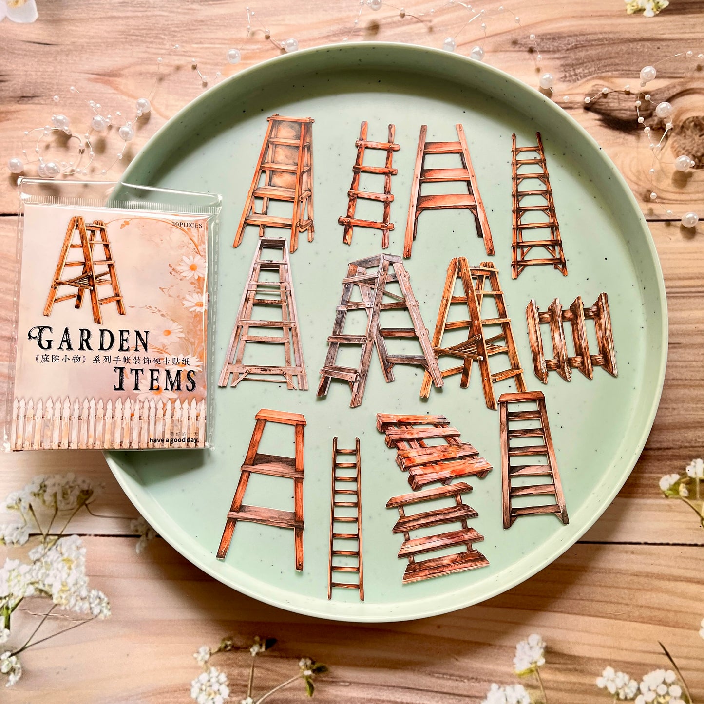 30 Pcs Garden Items Series Vintage small Wooden Landscaping Collage Sticker