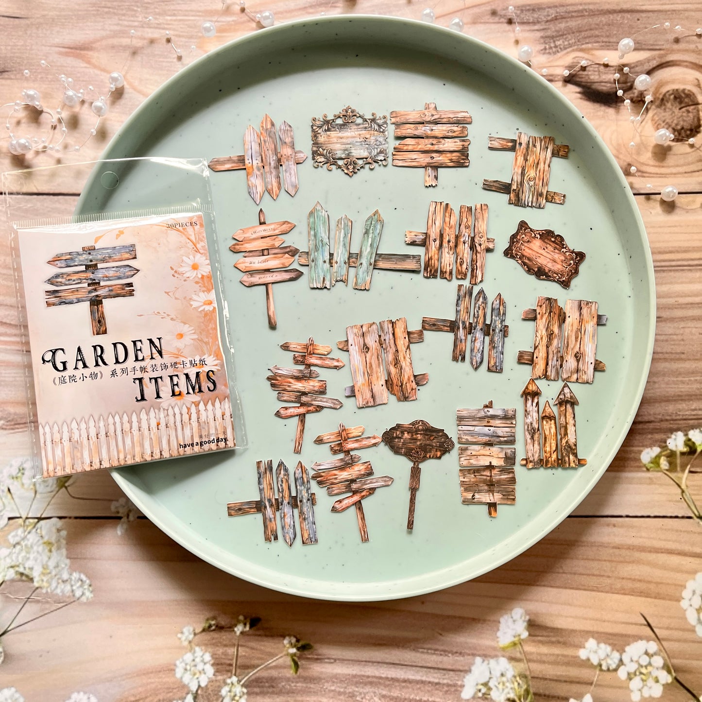 30 Pcs Garden Items Series Vintage small Wooden Landscaping Collage Sticker