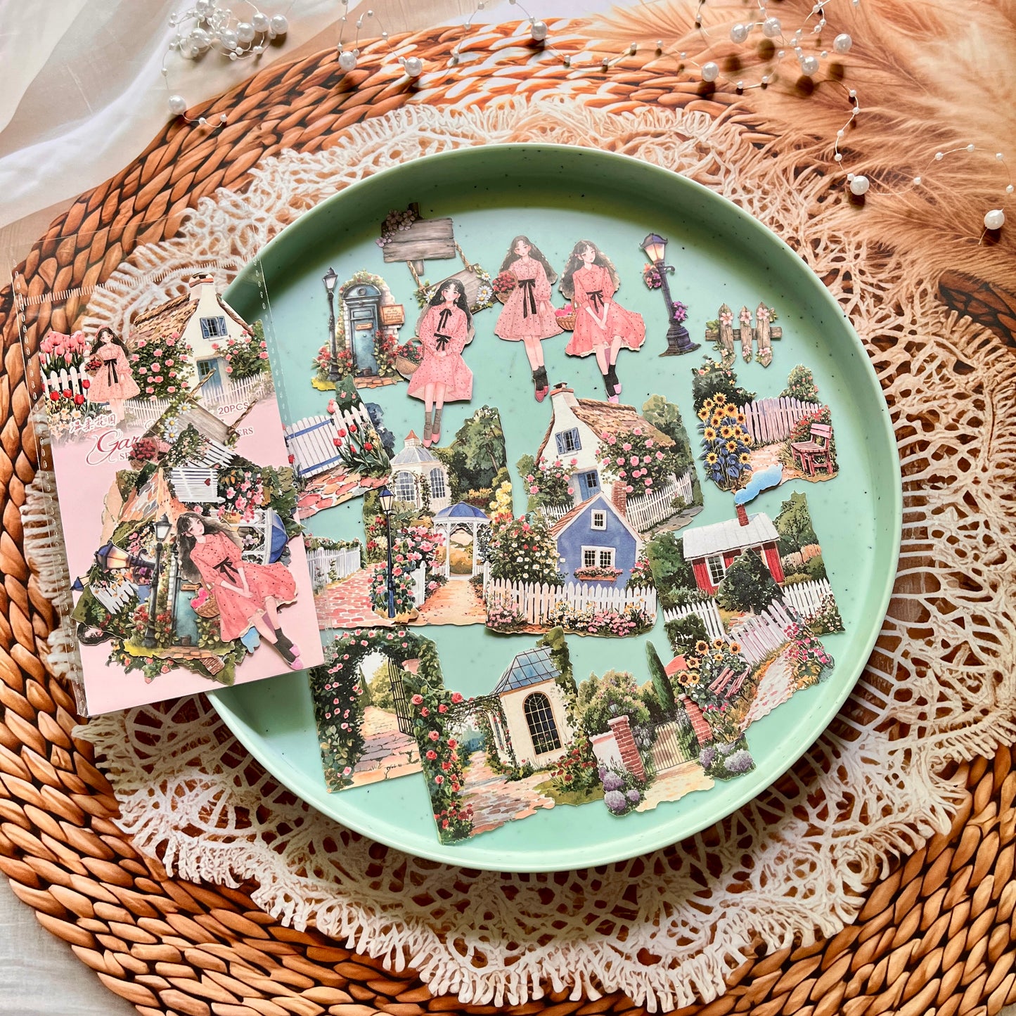 20 Pcs Garden Time Series Vintage Flower House Character Washi Stickers
