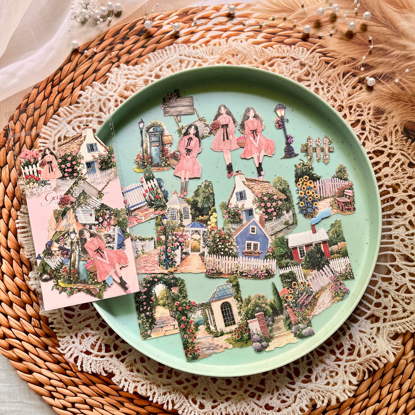 20 Pcs Garden Time Series Vintage Flower House Character Washi Stickers