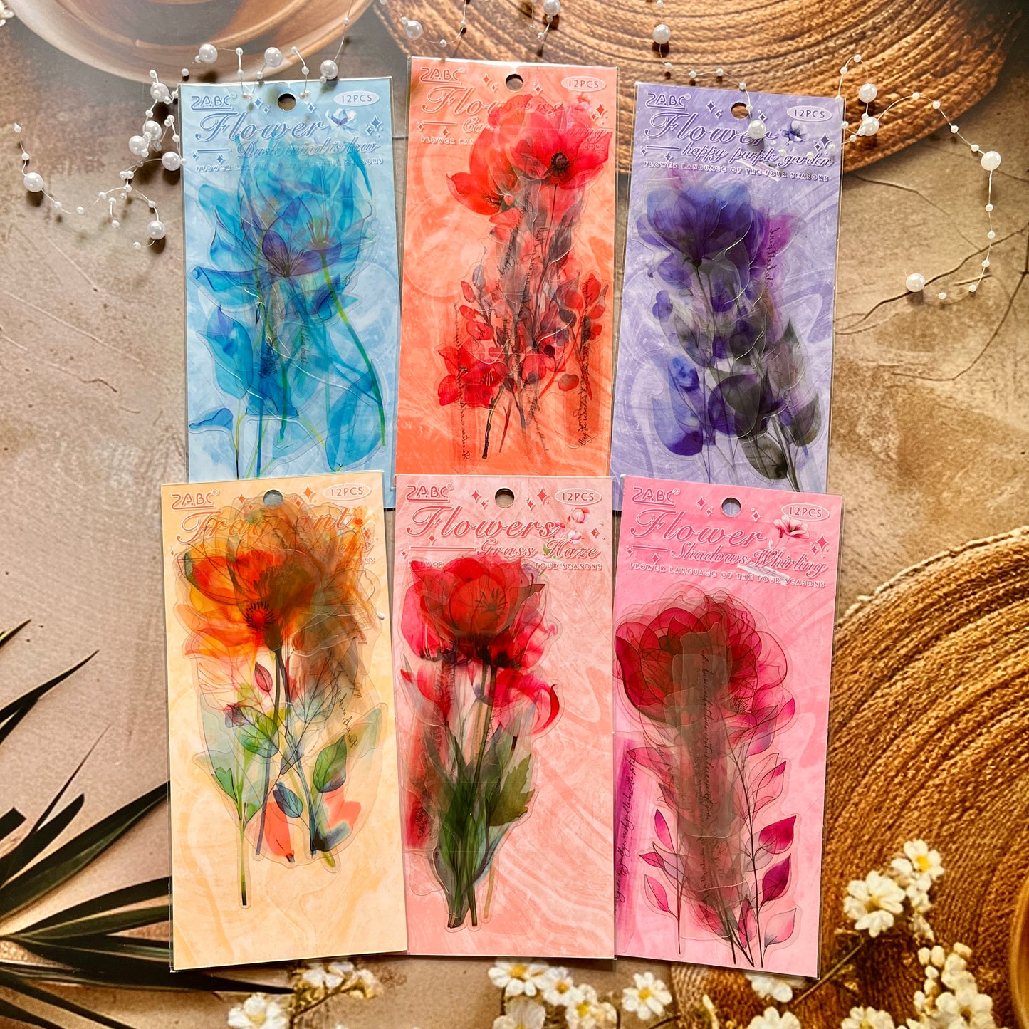 12 Pcs Carefree Flowers Creative Pet Cut Film Stickers