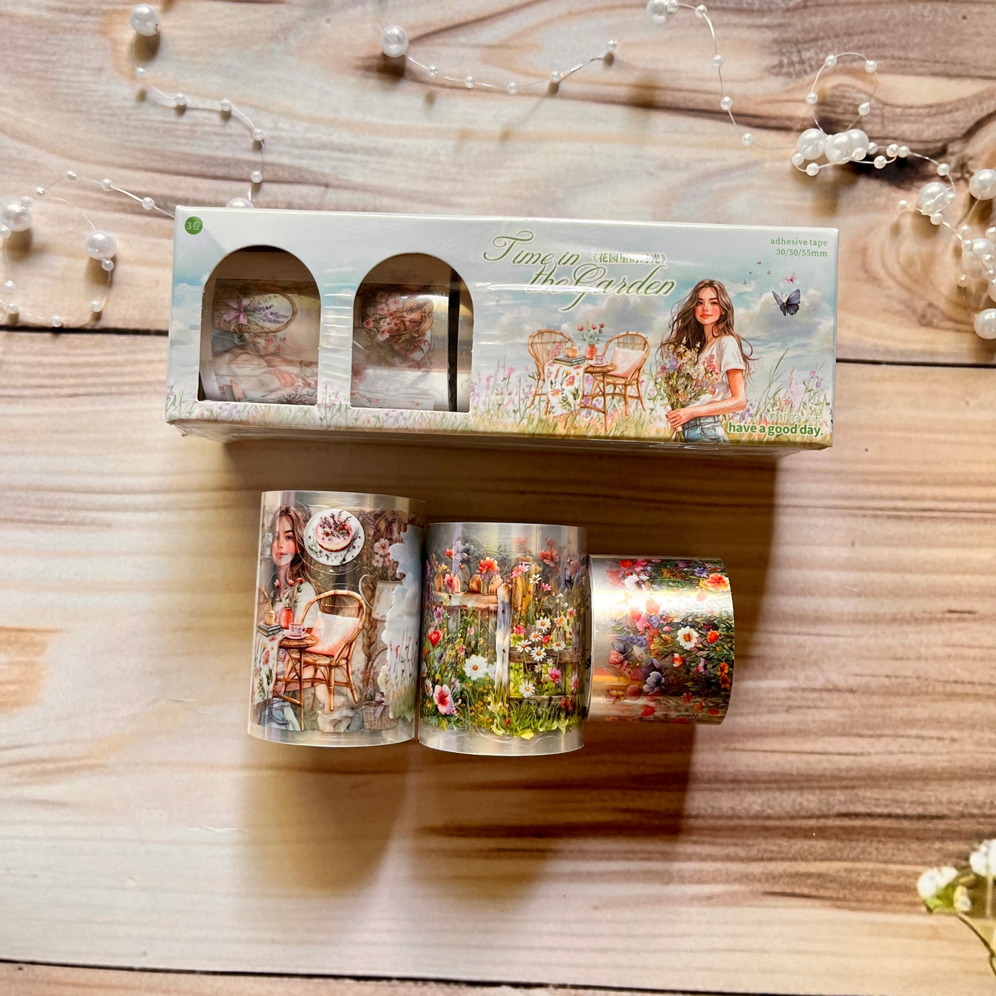 3 Rolls/set Time in The Garden Series Vintage Flower Character Landscape Pet Tape