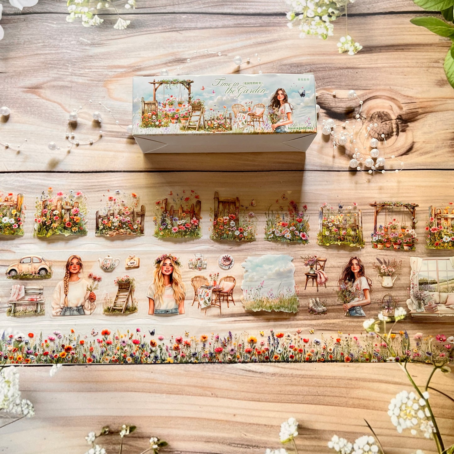 3 Rolls/set Time in The Garden Series Vintage Flower Character Landscape Pet Tape