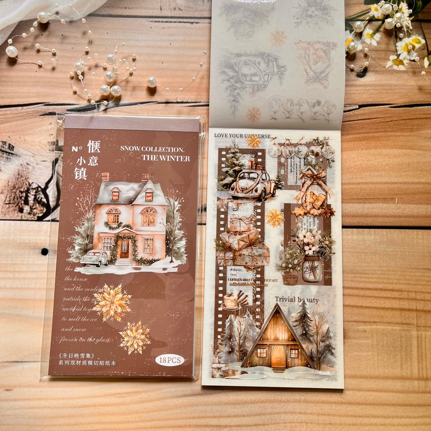 18 sheets Dual Material Winter Snow Collection Die-cut Sticker Book