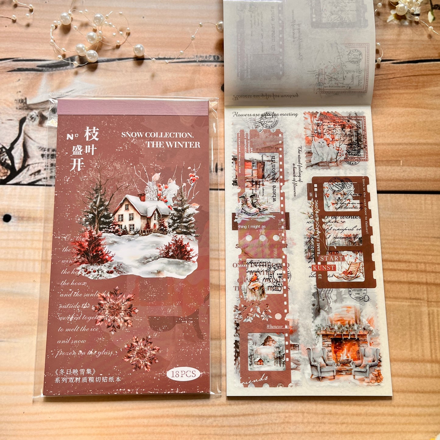 18 sheets Dual Material Winter Snow Collection Die-cut Sticker Book