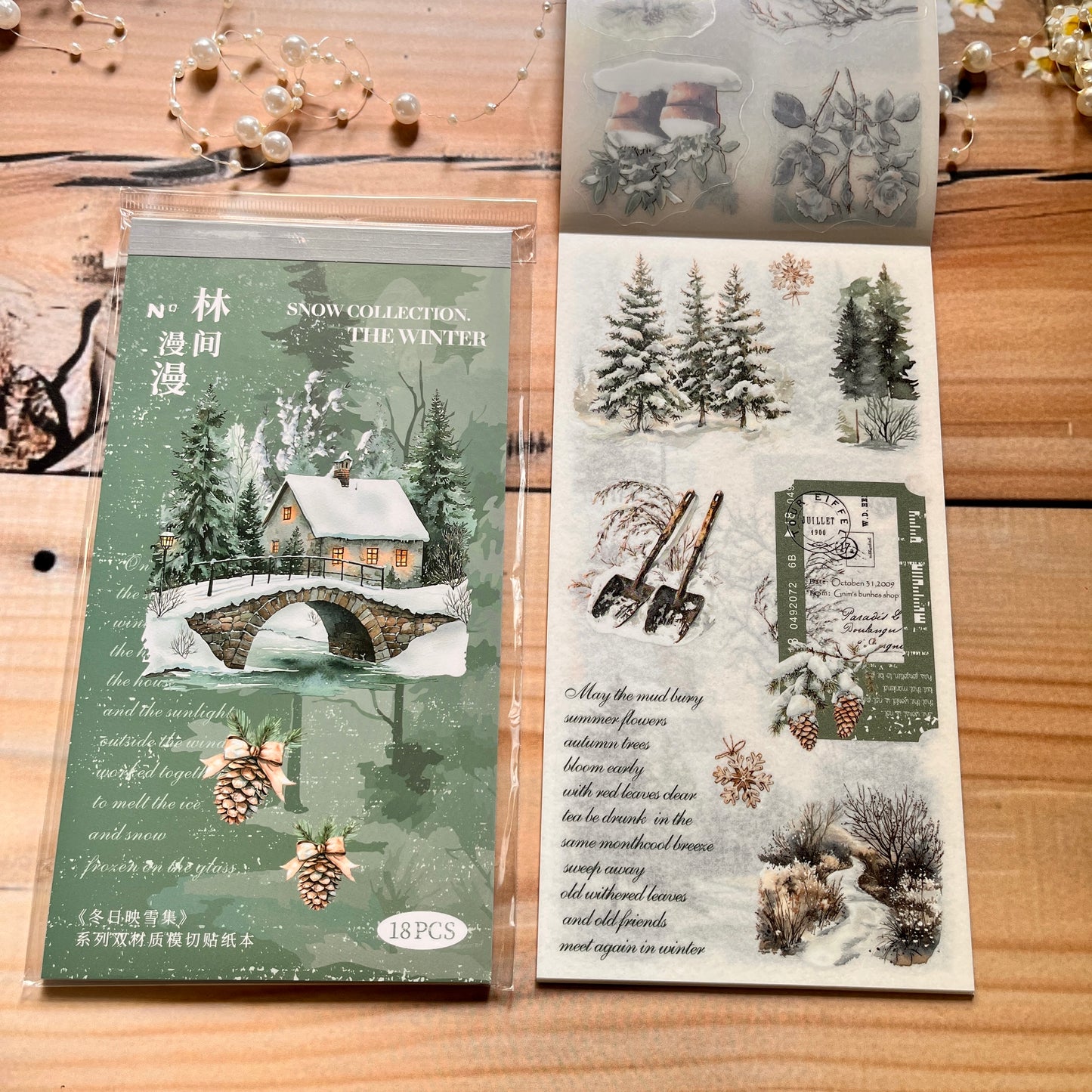 18 sheets Dual Material Winter Snow Collection Die-cut Sticker Book