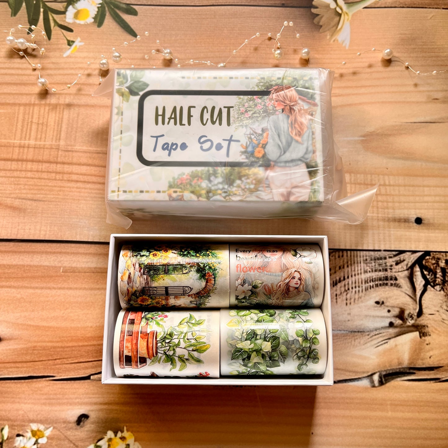 4 rolls/box girl flower handbook material decoration half cut pet tape set box