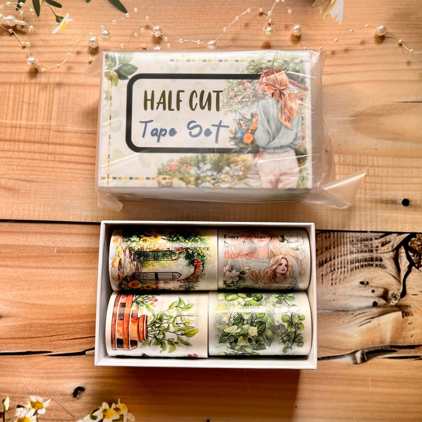 4 rolls/box girl flower handbook material decoration half cut pet tape set box