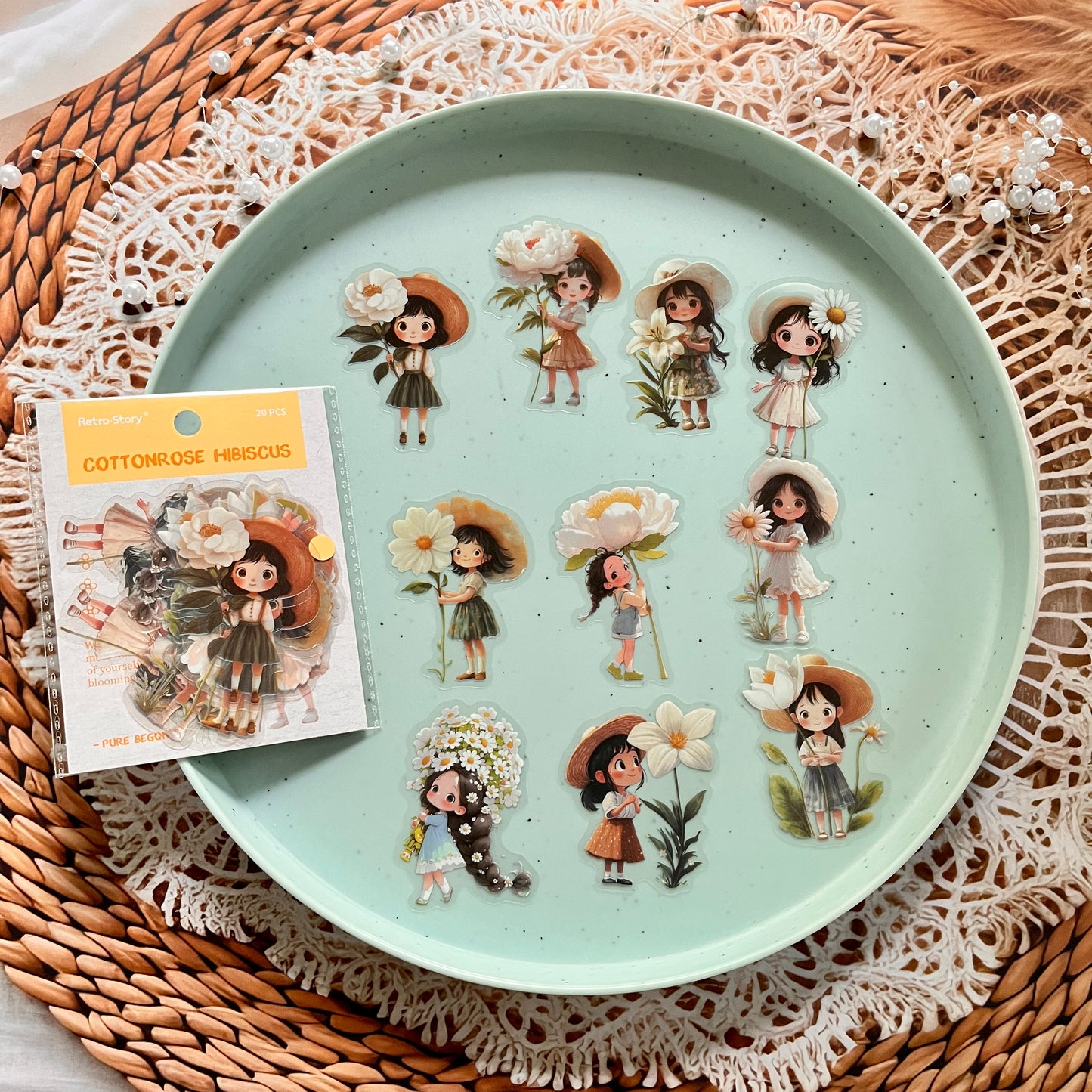 20 Pcs Hibiscus Series Fairy Tale Cute Girl Stickers