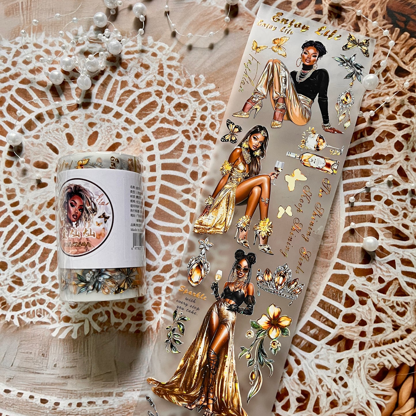 1 Roll Golden Matte Character Flower Butterfly Masking Gold Shell Pet Tape