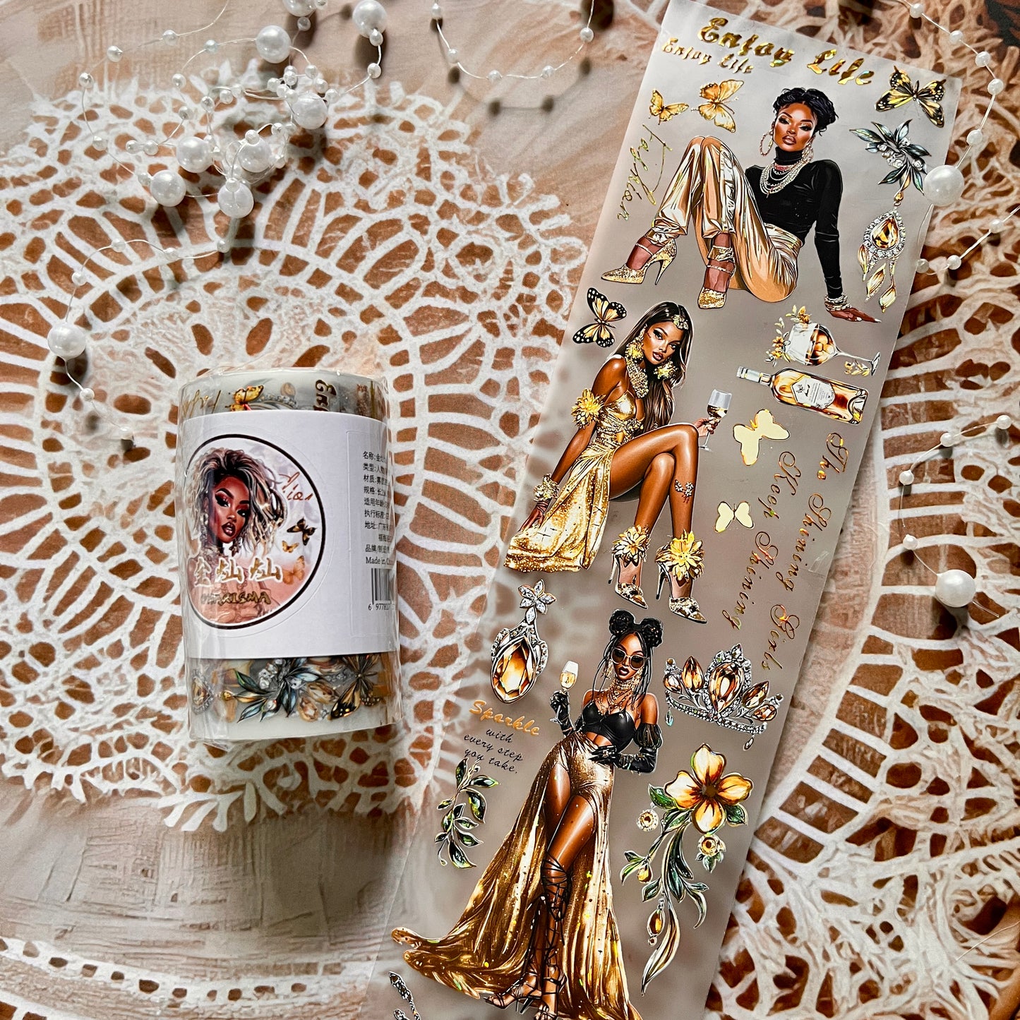 1 Roll Golden Matte Character Flower Butterfly Masking Gold Shell Pet Tape