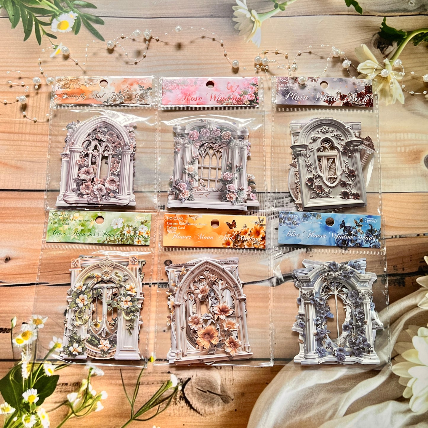 10 Pcs Flower Romance Series Vintage Flower Window Relief Landscaping Collage Card